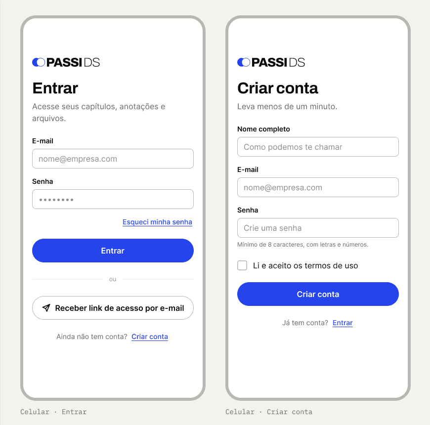 Telas de entrar e criar conta do PASSI DS montadas com os componentes