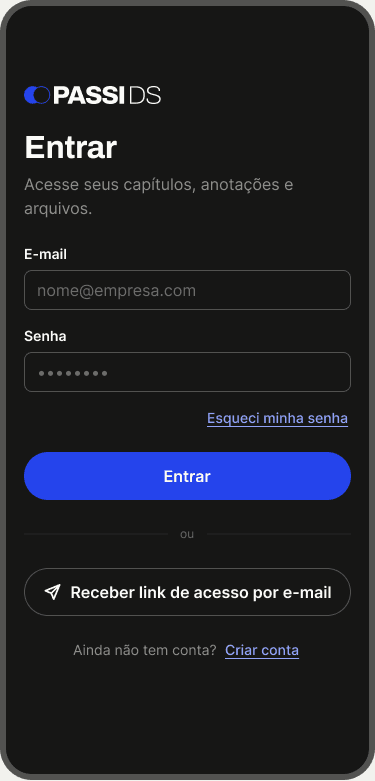 Tela de login do PASSI DS no modo escuro, dentro de uma moldura de celular