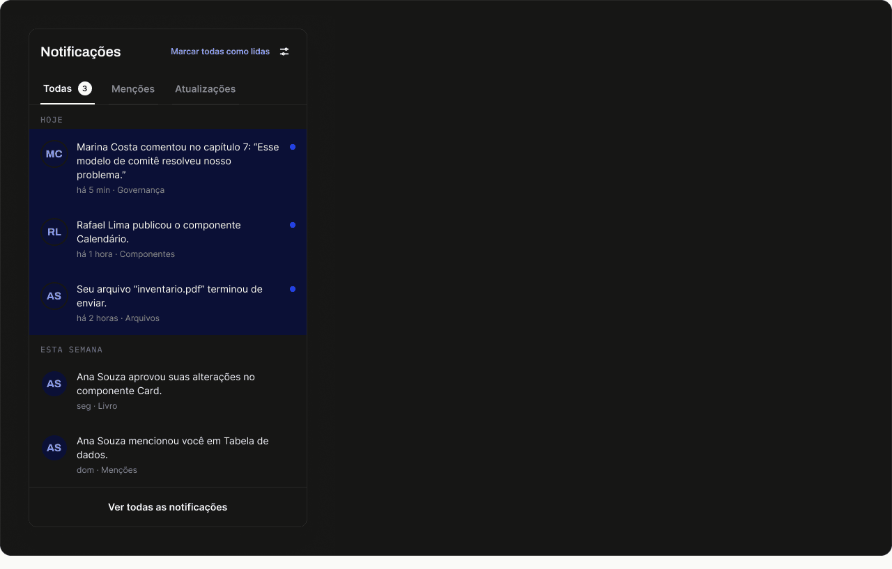 Central de notificações no modo escuro