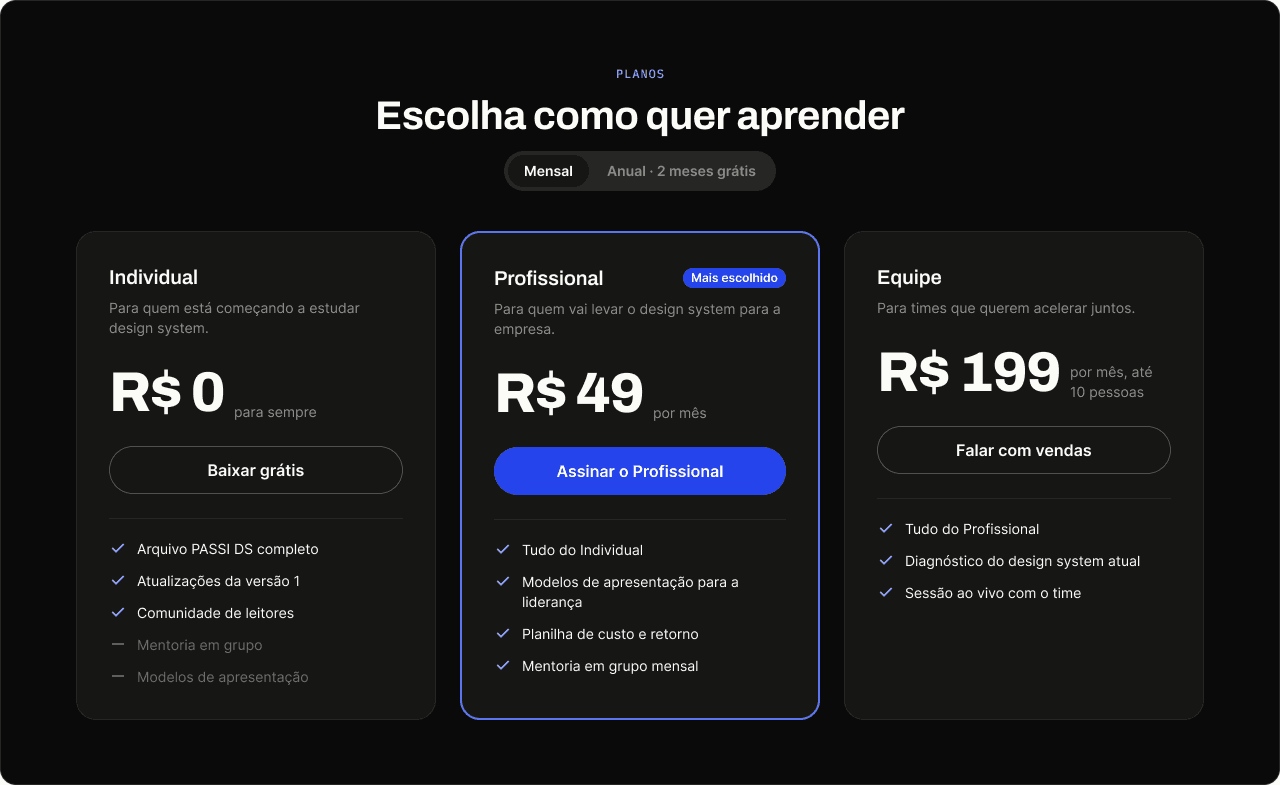 Planos e preços no modo escuro